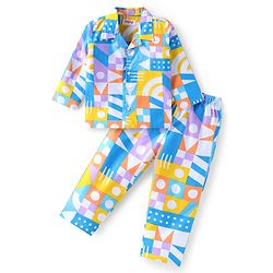 Babyhug Cotton Woven Full Sleeves Co-ords Night Suit with Geometric Shapes Print - White
