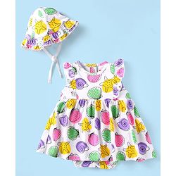 Babyhug Single Jersey Knit Sleeveles Onesie & Cap with Beach Theme Print - White & Pink