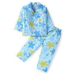 Babyhug Cotton Woven Full Sleeves Night Suit with Starfish Print - Light Blue