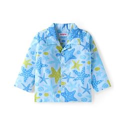 Babyhug Cotton Woven Full Sleeves Night Suit with Starfish Print - Light Blue