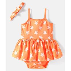 Babyhug 100% Cotton Knit Sleeveless Star Printed Frock Style Onesies with Headband & Bow Applique  - Coral