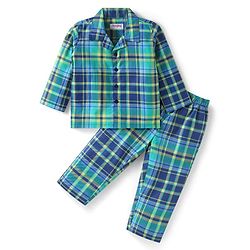Babyhug Cotton Woven Full Sleeves Front Open Collar Neck Checkered Night Suit - Mint