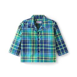 Babyhug Cotton Woven Full Sleeves Front Open Collar Neck Checkered Night Suit - Mint