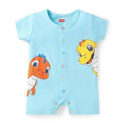 Babyhug Interlock Knit Half Sleeves Romper With Dragon Print - Light Blue