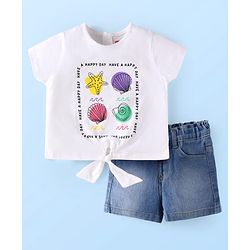 Babyhug Single Jersey Knit Half Sleeves Sea Animals Printed Top & Solid Denim Shorts Set - White & Blue