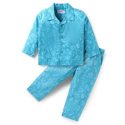 Babyhug Cotton Woven Full Sleeves Night Suit With Animal & Vehicle Print - Light Blue