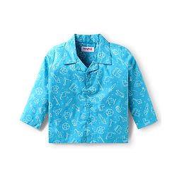 Babyhug Cotton Woven Full Sleeves Night Suit With Animal & Vehicle Print - Light Blue