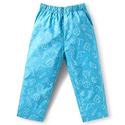 Babyhug Cotton Woven Full Sleeves Night Suit With Animal & Vehicle Print - Light Blue