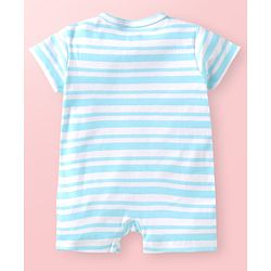 Babyhug Interlock Knit Half Sleeves Romper with Stripes & Animal Print - Light Blue