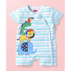 Babyhug Interlock Knit Half Sleeves Romper with Stripes & Animal Print - Light Blue