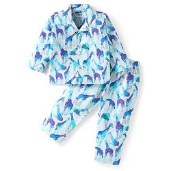 Babyhug Cotton Woven Full Sleeves Night Suit With Giraffe Print - Light Blue