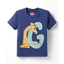 Babyhug Cotton Knit Half Sleeves T-Shirt with Giraffe Print - Navy Blue
