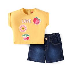 Babyhug Single Jersey Knit Half Sleeves Fruit Printed Top & Solid Denim Shorts Set - Orange & Blue