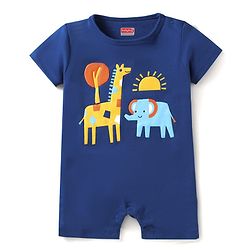Babyhug Interlock Knit Half Sleeves Romper with Animal Print - Navy Blue