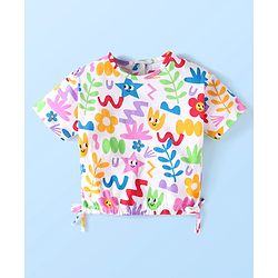 Babyhug Single Jersey Knit Half Sleeves Floral Printed Top & Solid Denim Shorts Set - White & Blue