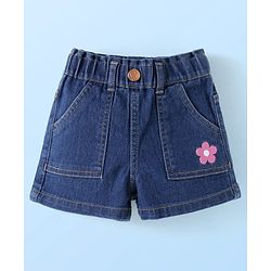 Babyhug Single Jersey Knit Half Sleeves Floral Printed Top & Solid Denim Shorts Set - White & Blue