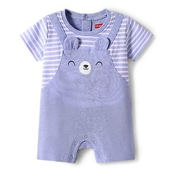 Babyhug Interlock Knit Half Sleeves Striped Romper with Bear Ear Applique - Light Blue