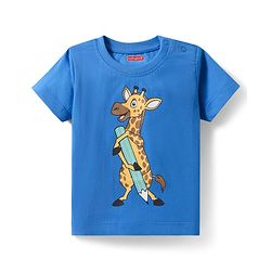 Babyhug Cotton Knit Half Sleeves T-Shirt With Giraffe Print - Blue