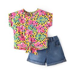 Babyhug Single Jersey Knit Half Sleeves Floral Printed Top & Solid Denim Shorts Set - Yellow & Blue