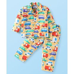 Babyhug Cotton Woven Full Sleeves Front Open Night Suit with Vehicle Print - Yellow