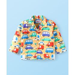 Babyhug Cotton Woven Full Sleeves Front Open Night Suit with Vehicle Print - Yellow