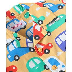 Babyhug Cotton Woven Full Sleeves Front Open Night Suit with Vehicle Print - Yellow