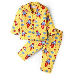 Babyhug Cotton Knit Full Sleeves Front Open Night Suit with Rocket Print - Yellow