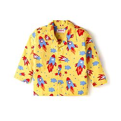 Babyhug Cotton Knit Full Sleeves Front Open Night Suit with Rocket Print - Yellow