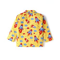 Babyhug Cotton Knit Full Sleeves Front Open Night Suit with Rocket Print - Yellow