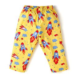Babyhug Cotton Knit Full Sleeves Front Open Night Suit with Rocket Print - Yellow