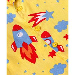 Babyhug Cotton Knit Full Sleeves Front Open Night Suit with Rocket Print - Yellow