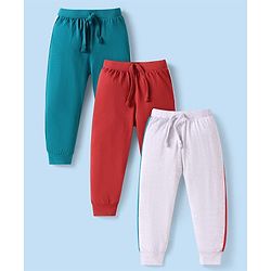 Babyhug Single Jersey Knit Full Length Taped Lounge Pants Pack of 3 - Dark Green Grey & Red