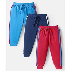 Babyhug Single Jersey Knit Full Length Solid Track Pants with Tape Detailing Pack of 3 - Light Blue Navy Blue & Red