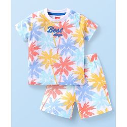 Babyhug Single Jersey Knit Half Sleeves T-Shirt & Shorts Set With Tree Print - White