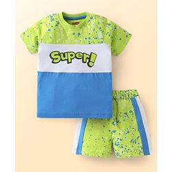 Babyhug Single Jersey Knit Half Sleeves Cut & Sew T-Shirt & Shorts Set with Text Print - Light Green