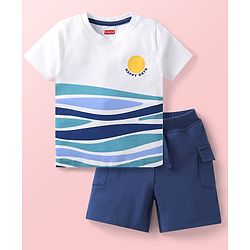 Babyhug Single Jersey Knit Half Sleeves T-Shirt & Shorts Set with Happy Days Print - White & Navy Blue