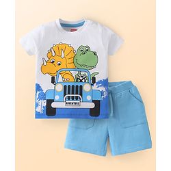 Babyhug Single Jersey Knit Half Sleeves T-Shirt & Shorts Set With Animal Print - White & Light Blue