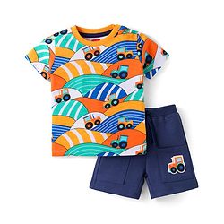 Babyhug Single Jersey Knit Half Sleeves T-Shirt & Shorts Set with Tractor Print - Navy Blue