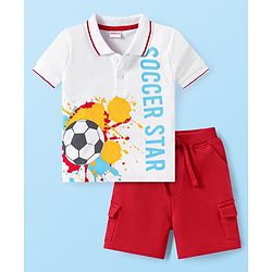 Babyhug Single Jersey Knit Half Sleeves Collar T-Shirt & Shorts Set With Soccer Star Text Print - Red & White