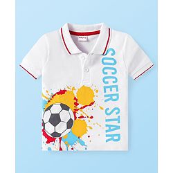 Babyhug Single Jersey Knit Half Sleeves Collar T-Shirt & Shorts Set With Soccer Star Text Print - Red & White