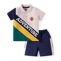 Babyhug Single Jersey Knit Half Sleeves Polo T-Shirt & Shorts Set With Adventure Print - Multicolor & Navy Blue