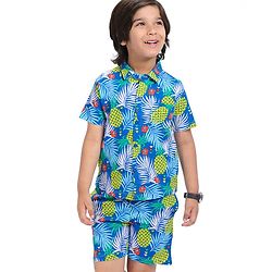 Babyhug Single Jersey Knit Half Sleeves Tropical Theme Printed Shirt & Shorts - Blue