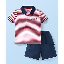 Babyhug Single Jersey Knit Half Sleeves Polo T-Shirt & Shorts Set with Stripes - Navy Blue & Red