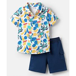 Babyhug Single Jersey Knit Half Sleeves Shirt & Shorts Set with Beach Theme Print - Navy Blue