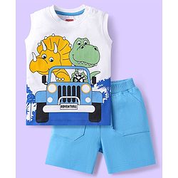 Babyhug Single Jersey Knit Sleeveless Tank T-Shirt & Shorts Set With Dino Print - White & Blue