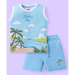Babyhug Single Jersey Knit Sleeveless Tank T-Shirt & Shorts Set with Beach Theme Print - Light Blue