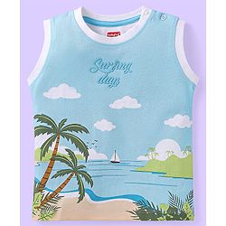 Babyhug Single Jersey Knit Sleeveless Tank T-Shirt & Shorts Set with Beach Theme Print - Light Blue