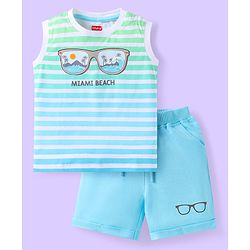 Babyhug Single Jersey Knit Sleeveless T-Shirt & Shorts Set with Beach Theme Print & Stripes - Light Blue