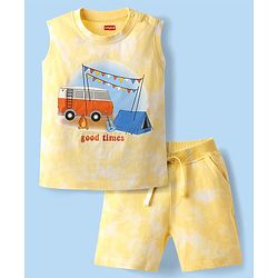 Babyhug Single Jersey Knit Sleeveless Tie & Dye T-Shirt & Shorts Set with Camping Print - Yellow