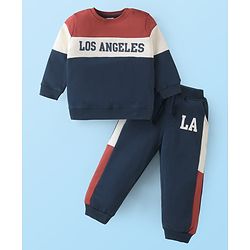 Babyhug Terry Knit Full Sleeves Cut & Sew T-Shirt & Lounge Pant Set with Text Print - Navy Blue